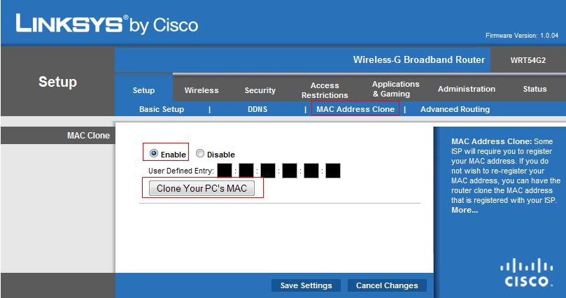 Настройка роутера Linksys WRT54G2-macclone Настройка роутера Linksys WRT54G2-macclone